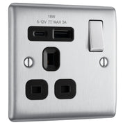 BG Electrical Nexus Metal Brushed Steel - Single, switched, single pole, with 1 x USB A + 1 x USB C