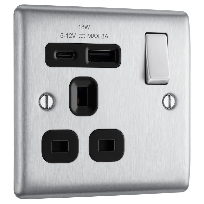 BG Electrical Nexus Metal Brushed Steel - Single, switched, single pole, with 1 x USB A + 1 x USB C