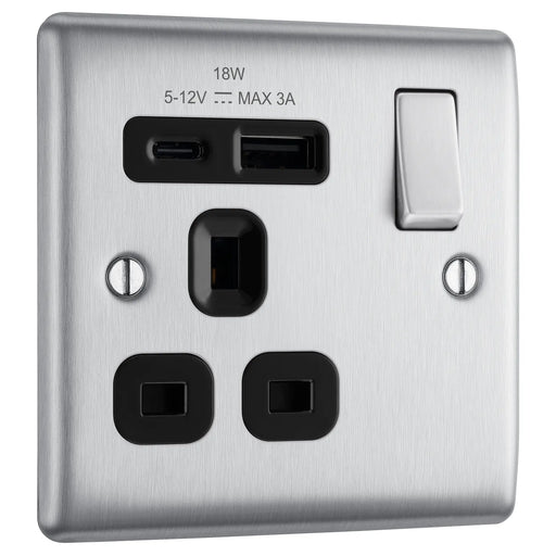 BG Electrical Nexus Metal Brushed Steel - Single, switched, single pole, with 1 x USB A + 1 x USB C