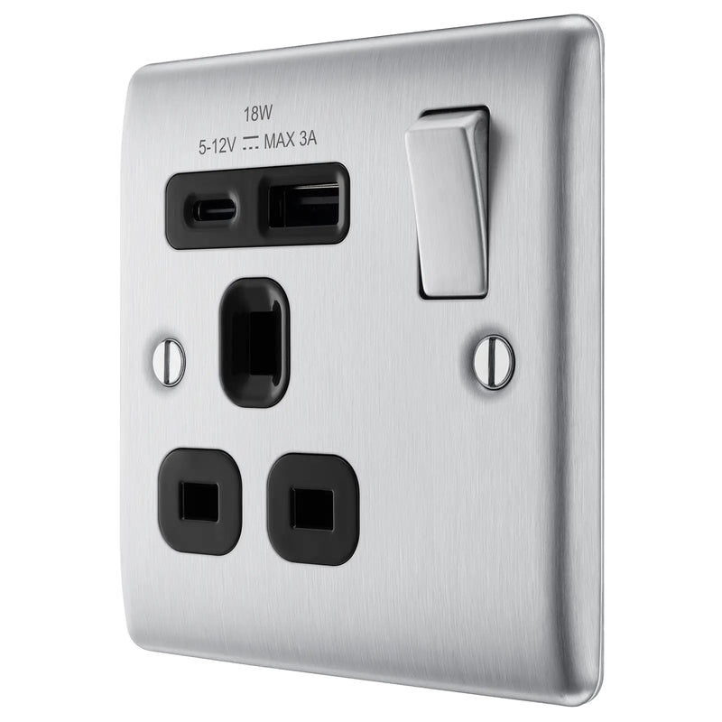 BG Electrical Nexus Metal Brushed Steel - Single, switched, single pole, with 1 x USB A + 1 x USB C