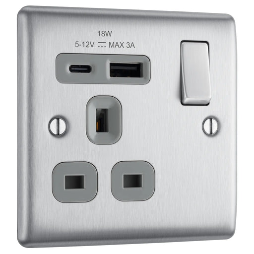 BG Electrical Nexus Metal Brushed Steel - Single, switched, single pole, with 1 x USB A + 1 x USB C