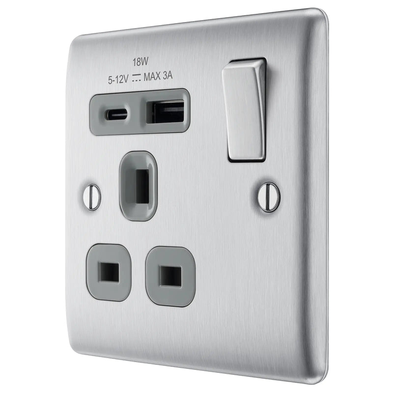 BG Electrical Nexus Metal Brushed Steel - Single, switched, single pole, with 1 x USB A + 1 x USB C