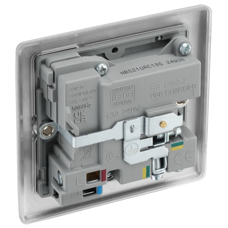 BG Electrical Nexus Metal Brushed Steel - Single, switched, single pole, with 1 x USB A + 1 x USB C