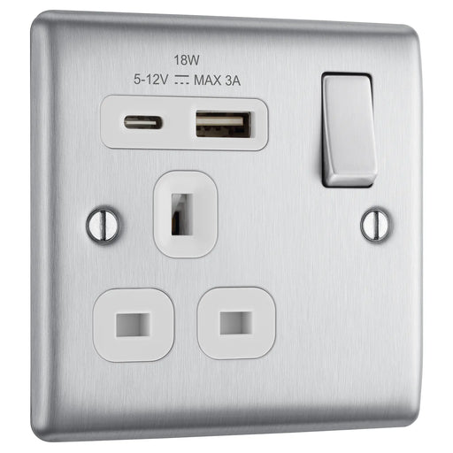 BG Electrical Nexus Metal Brushed Steel - Single, switched, single pole, with 1 x USB A + 1 x USB C