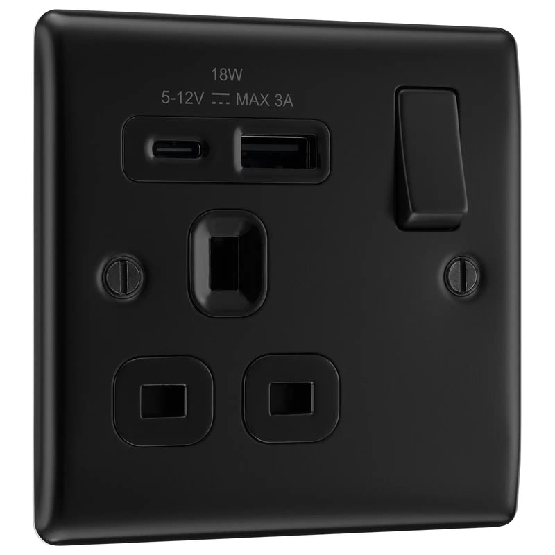 BG Electrical Nexus Metal Matt Black - Single, switched, single pole, with 1 x USB A + 1 x USB C