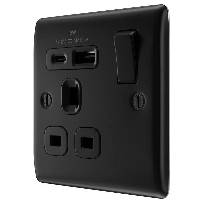 BG Electrical Nexus Metal Matt Black - Single, switched, single pole, with 1 x USB A + 1 x USB C