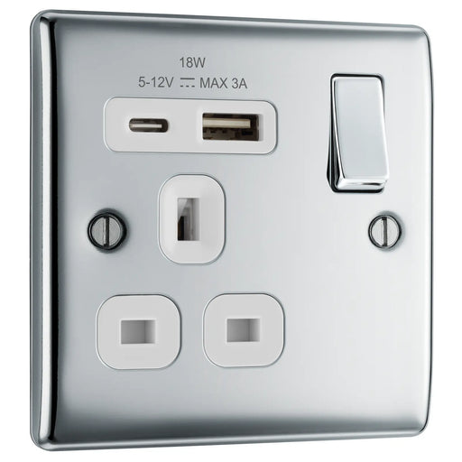 BG Electrical Nexus Metal Polished Chrome - Single, switched, single pole, with 1 x USB A + 1 x USB C