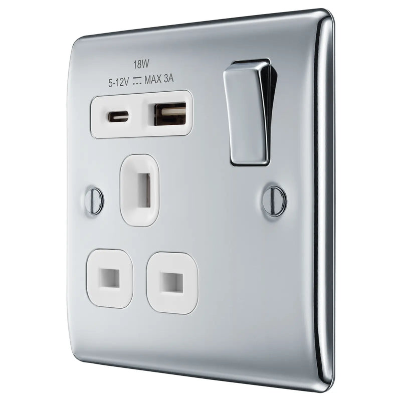 BG Electrical Nexus Metal Polished Chrome - Single, switched, single pole, with 1 x USB A + 1 x USB C