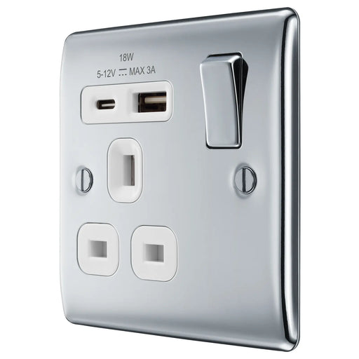 BG Electrical Nexus Metal Polished Chrome - Single, switched, single pole, with 1 x USB A + 1 x USB C