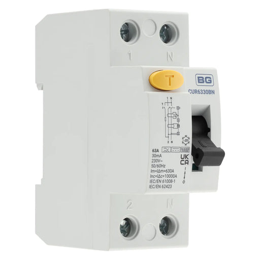 BG Circuit Protection RCD - Type B, Bidirectional RCD, Double Pole, 63A, 30mA, 2 Module