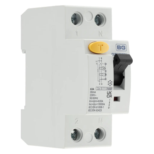 BG Circuit Protection RCD - Type B, Bidirectional RCD, Double Pole, 63A, 30mA, 2 Module