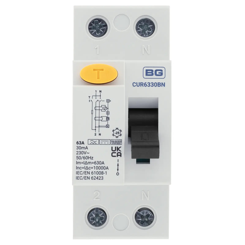 BG Circuit Protection RCD - Type B, Bidirectional RCD, Double Pole, 63A, 30mA, 2 Module