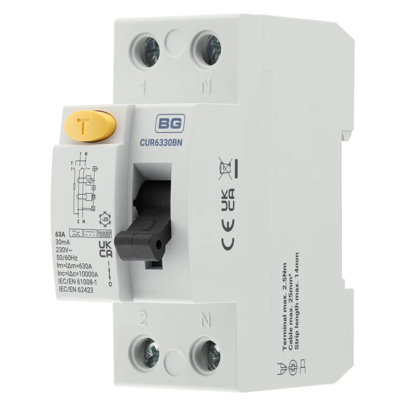 BG Circuit Protection RCD - Type B, Bidirectional RCD, Double Pole, 63A, 30mA, 2 Module