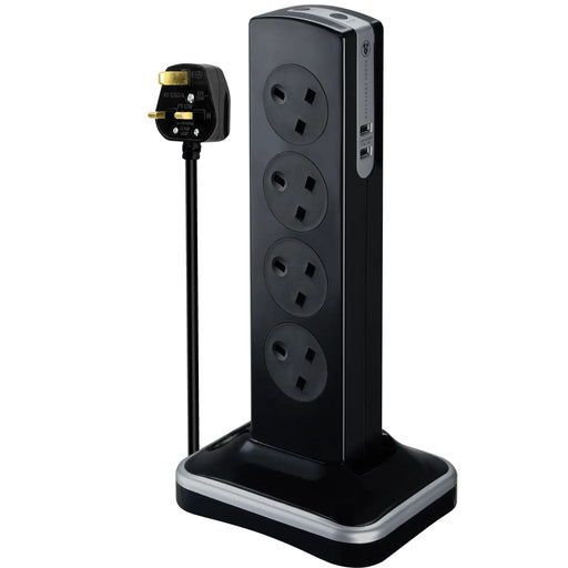 Masterplug High Gloss USB - 2 x USB A, 8 Sockets, 2m, 13A, Gloss Black