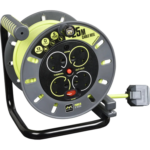 Masterplug Pro XT - 25m, 4 Sockets, 13A, Grey + Green