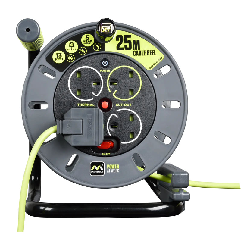 Masterplug Pro XT - 25m, 4 Sockets, 13A, Grey + Green