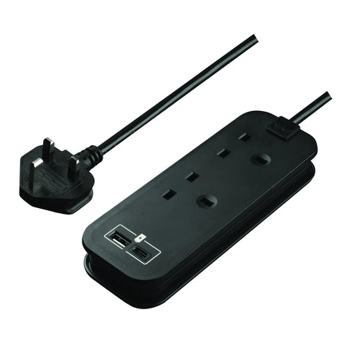 Masterplug Travel - 1 x USB A + 1 x USB C, 2 Sockets, 0.45m, 13A, Black