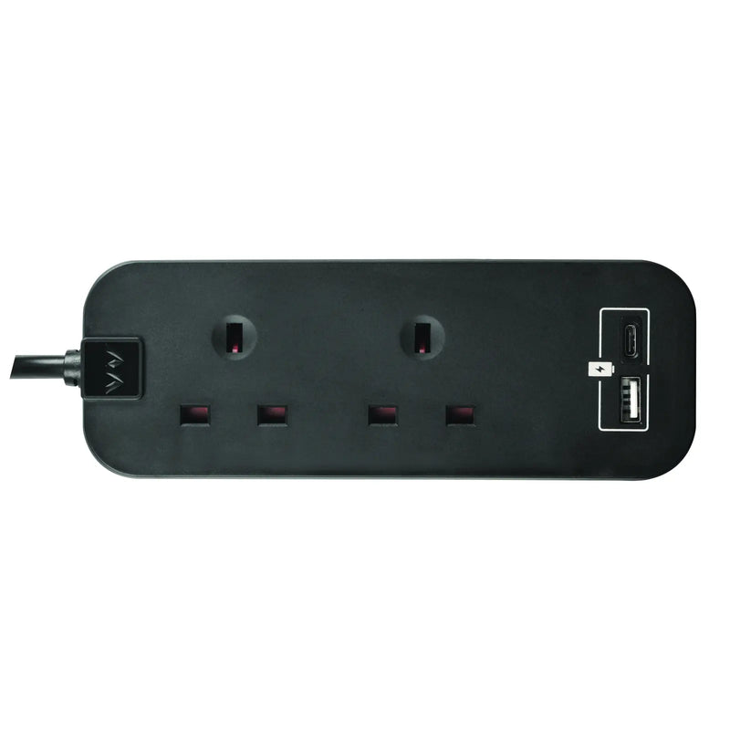 Masterplug Travel - 1 x USB A + 1 x USB C, 2 Sockets, 0.45m, 13A, Black