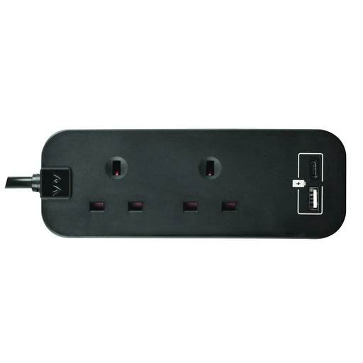 Masterplug Travel - 1 x USB A + 1 x USB C, 2 Sockets, 0.45m, 13A, Black