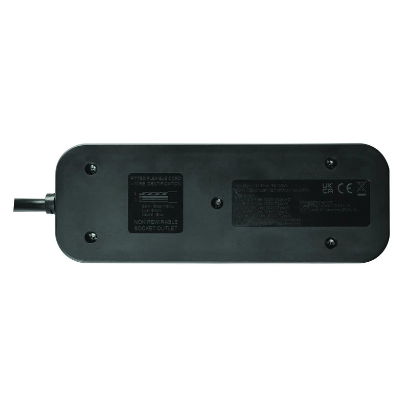 Masterplug Travel - 1 x USB A + 1 x USB C, 2 Sockets, 0.45m, 13A, Black