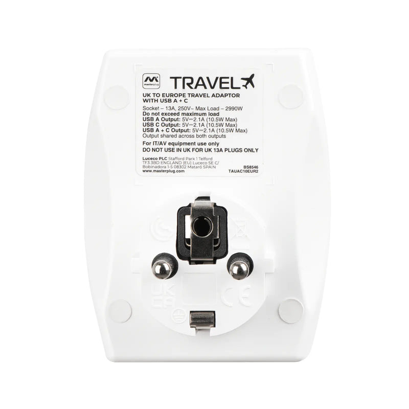 Masterplug Travel - 2 x USB A + C 10.5W, White