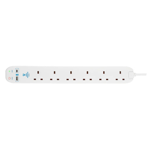 Masterplug USB - USB A + C 10.5W, 6 Sockets, 2m, 13A, White