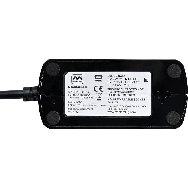 Masterplug High Gloss USB - 2 x USB A, 4 Sockets, 2m, 13A, Gloss Black