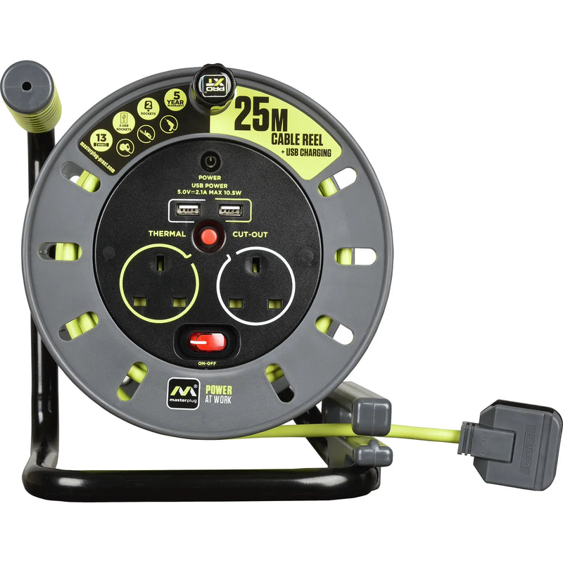 Masterplug Pro XT - 2 x USB A, 25m, 2 Sockets, 13A, Grey + Green
