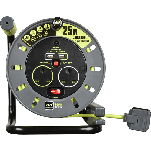 Masterplug Pro XT - 2 x USB A, 25m, 2 Sockets, 13A, Grey + Green