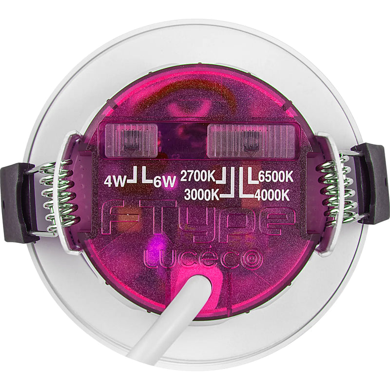 Luceco Elite - FType Elite Fire Rated Downlight 4W/6W 690lm Power Change with 4Colour CCT 2700, 3000, 4000K, 6000K Dimmable IP65 White - Flat - 10 pack