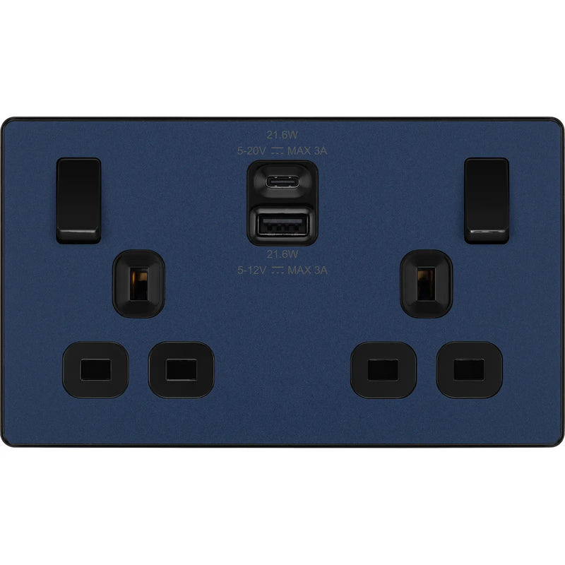 BG Electrical Evolve Matt Blue - Double switched single pole, with USB A + C (22W)