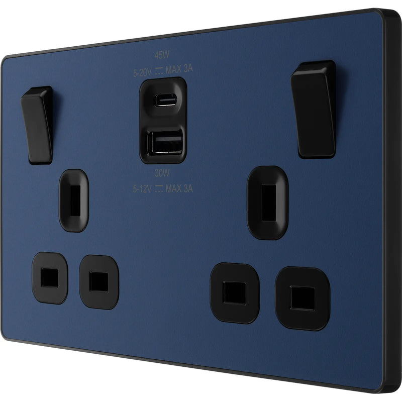 BG Electrical Evolve Matt Blue - Double switched single pole, with USB A + C (45W)