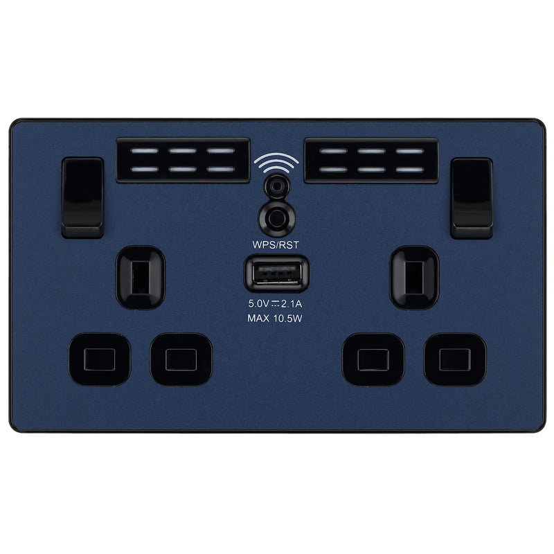 BG Electrical Evolve Matt Blue - Double, switched, single pole, WiFi Extender + USB A