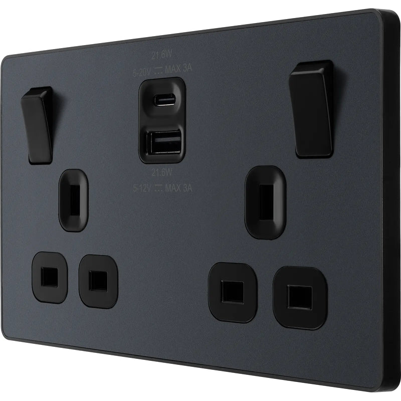 BG Electrical Evolve Matt Grey - Double switched single pole, with USB A + C (22W)