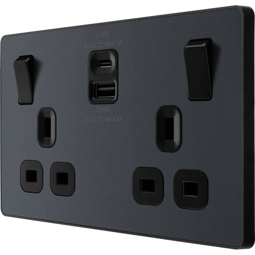 BG Electrical Evolve Matt Grey - Double switched single pole, with USB A + C (22W)