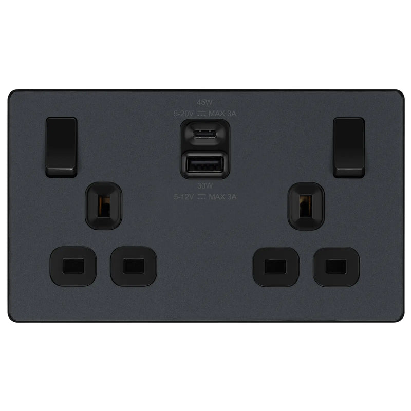 BG Electrical Evolve Matt Grey - Double switched single pole, with USB A + C (45W)