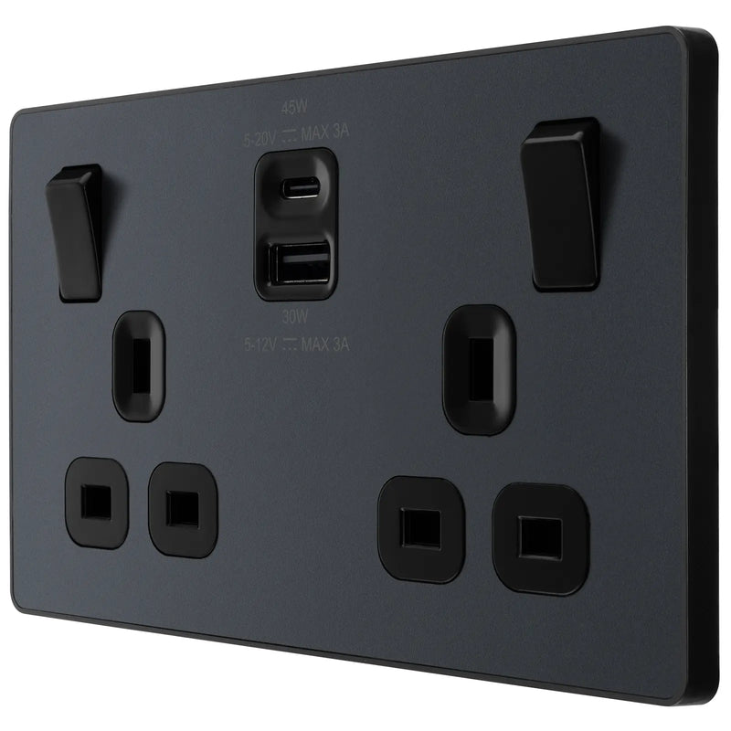 BG Electrical Evolve Matt Grey - Double switched single pole, with USB A + C (45W)