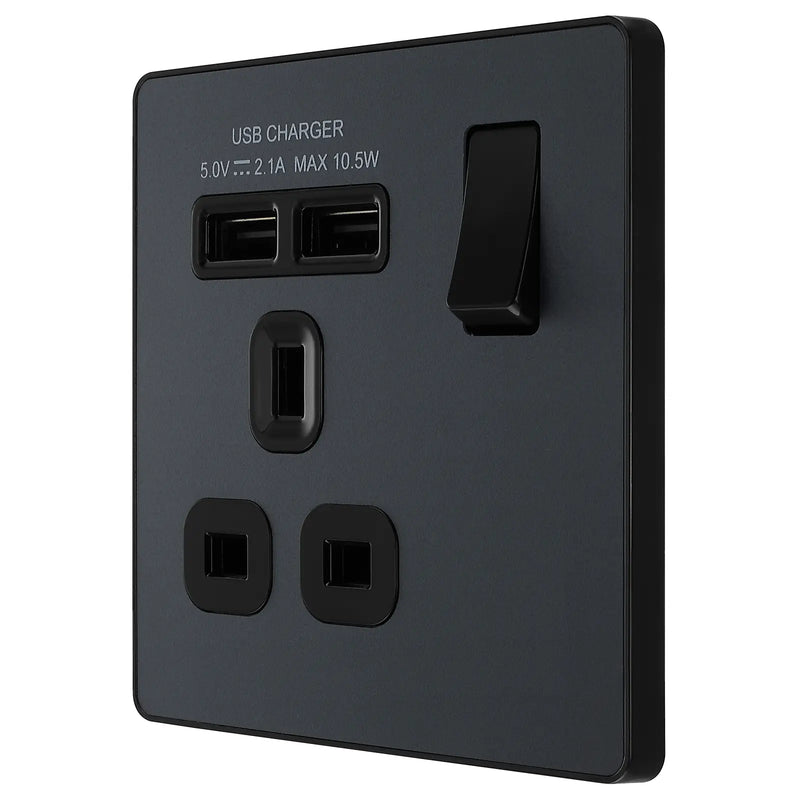 BG Electrical Evolve Matt Grey - Single, switched, single pole, with 2 x USB A