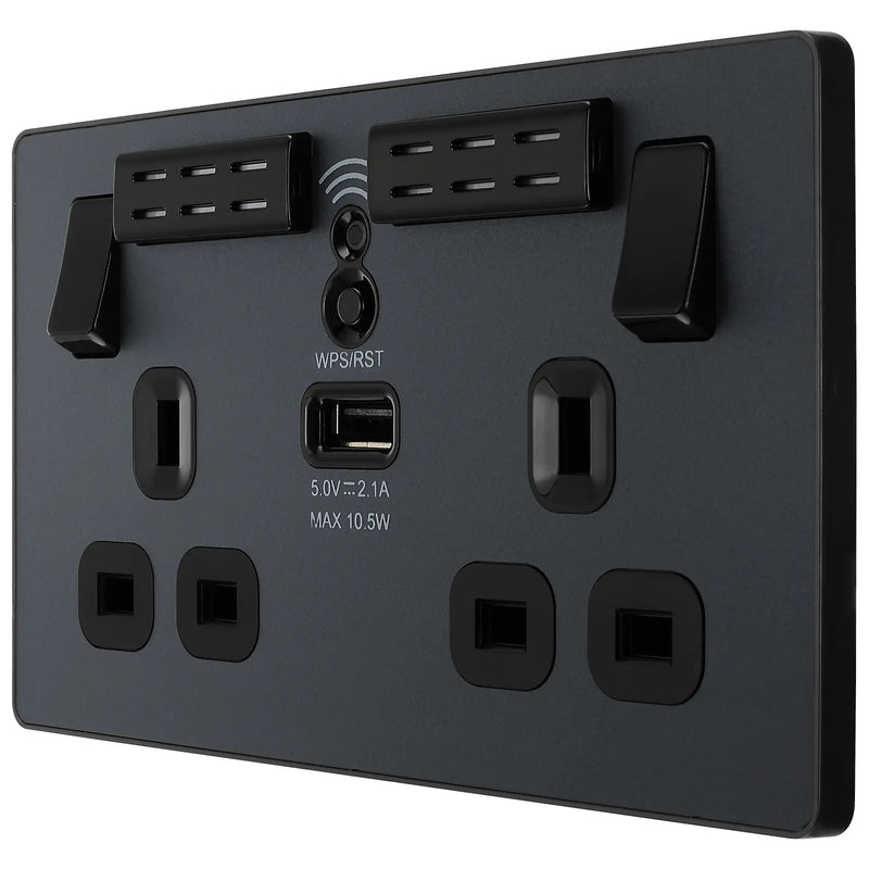BG Electrical Evolve Matt Grey - Double, switched, single pole, WiFi Extender + USB A