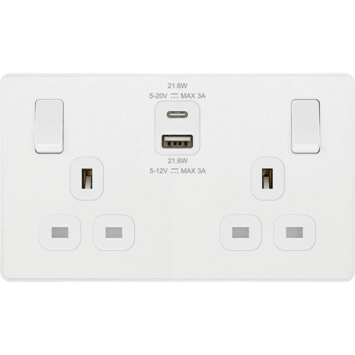 BG Electrical Evolve Pearlescent White - Double switched single pole, with USB A + C (22W)