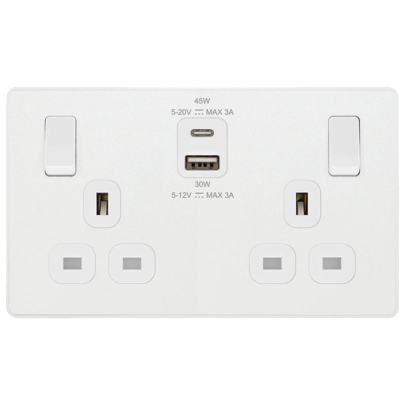 BG Electrical Evolve Pearlescent White - Double switched single pole, with USB A + C (45W)