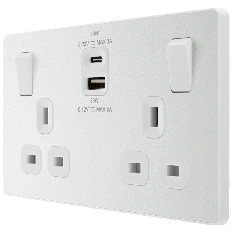 BG Electrical Evolve Pearlescent White - Double switched single pole, with USB A + C (45W)