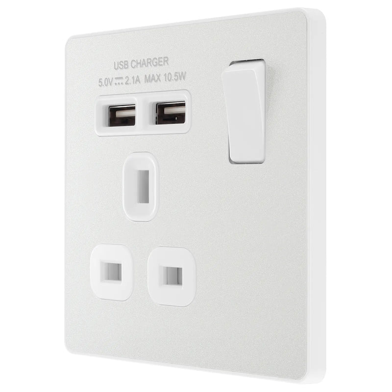 BG Electrical Evolve Pearlescent White - Single, switched, single pole, with 2 x USB A