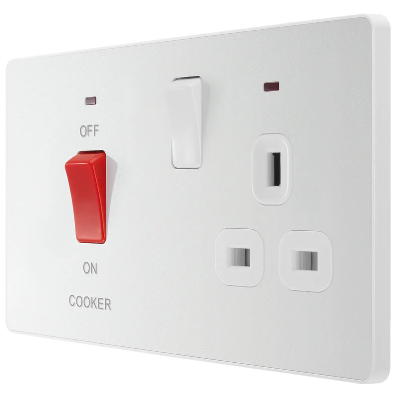BG Electrical Evolve Pearlescent White - 45A, double pole, with switched socket and indicators