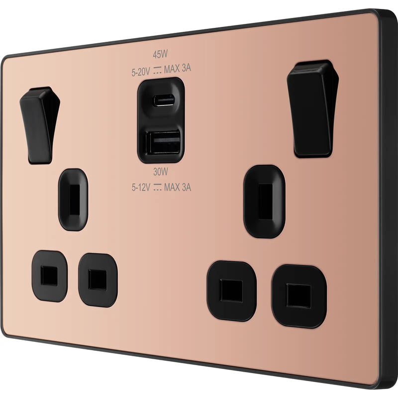 BG Electrical Evolve Polished Copper - Double switched single pole, with USB A + C (45W)