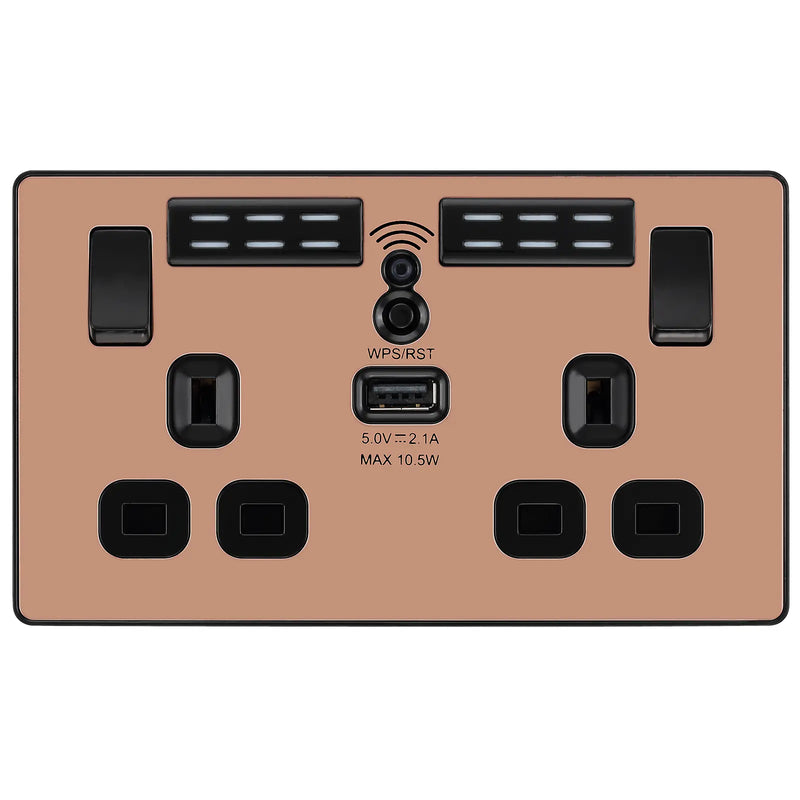 BG Electrical Evolve Polished Copper - Double, switched, single pole, WiFi Extender + USB A