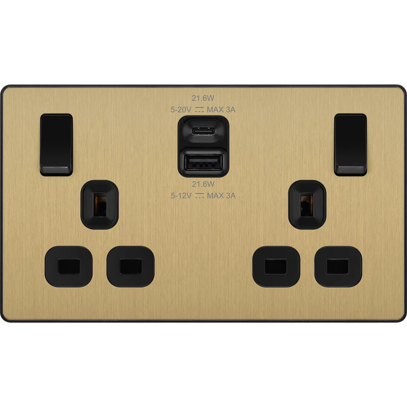 BG Electrical Evolve Satin Brass - Double switched single pole, with USB A + C (22W)