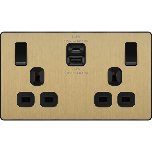 BG Electrical Evolve Satin Brass - Double switched single pole, with USB A + C (22W)