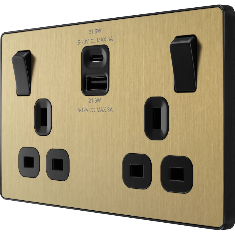 BG Electrical Evolve Satin Brass - Double switched single pole, with USB A + C (22W)