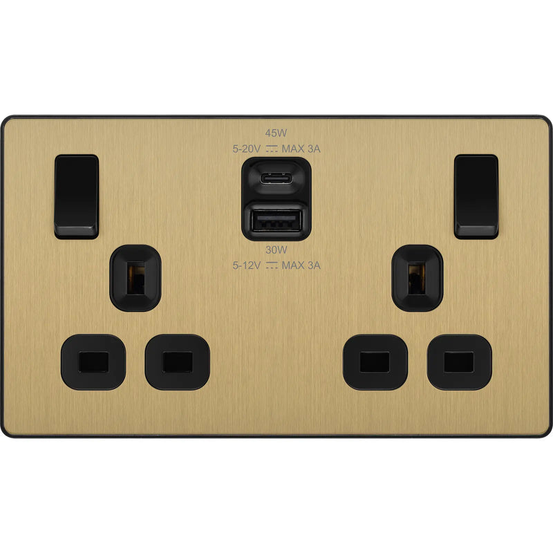 BG Electrical Evolve Satin Brass - Double switched single pole, with USB A + C (45W)